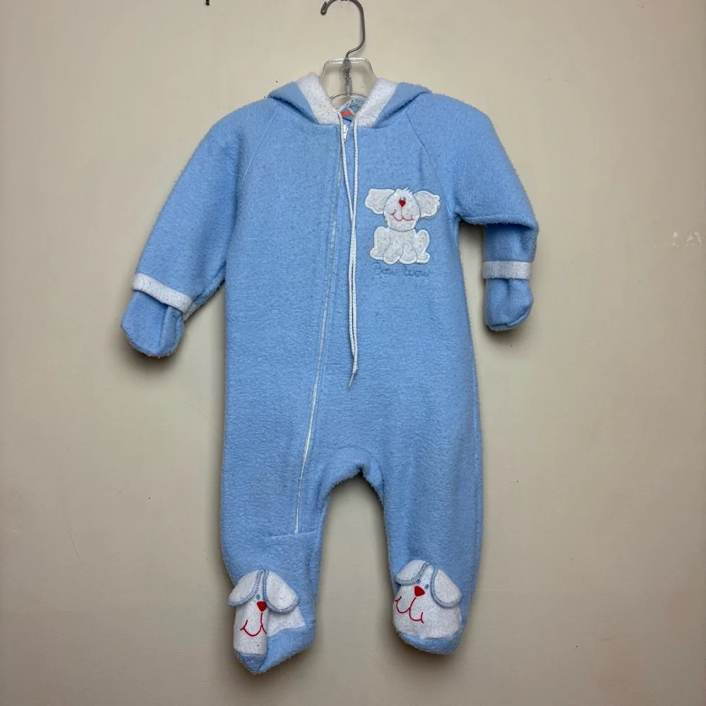Vintage Carters Fleece Footie bodysuit Pajamas With‎ Hood Bow WOW Dog Doggie